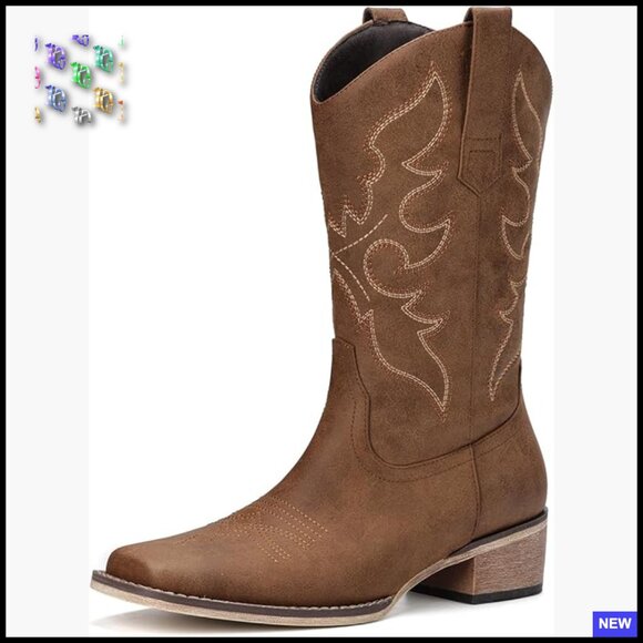 Shoes - Western Cowgirl Boots Square Toe Mid Calf Embroidery Chunky Heel Casual Party